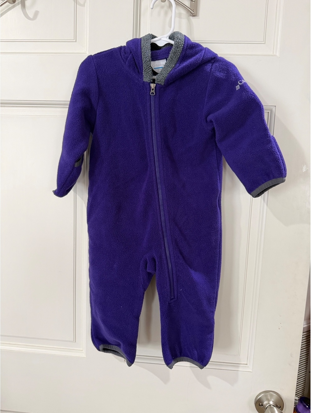 Columbia Purple Fleece Baby Onesie with Hood and Mittens 6-12 Months